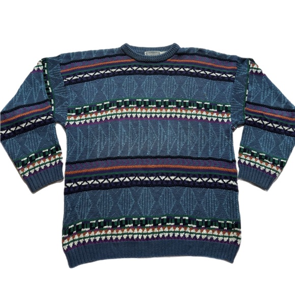Vintage Other - VTG 80s Grandpa Style Teal Blue Purple 3D Knit Chevron Sweater L